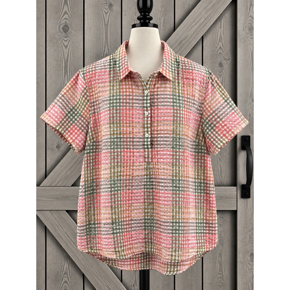 L.L.Bean Vacationland Seersucker Popover Gingham Plaid Henley Shirt Size Large